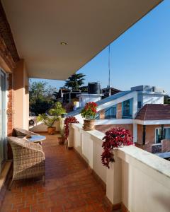 帕坦Shaligram Hotel & Spa的建筑里种植了盆栽植物的阳台