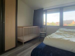 卡德赞德Wijk de Brabander 58的一间卧室配有一张床、一张婴儿床和一扇窗户。