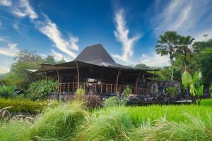 日惹Abhayagiri - Sumberwatu Heritage Resort的草场上有屋顶的建筑