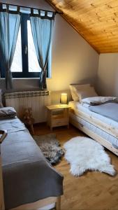代尔尼采Chalet Mint的一间卧室设有两张床和一个带地毯的窗户。
