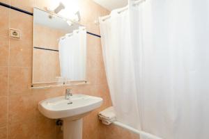 马翁欧洲酒店的一间带水槽和淋浴帘的浴室