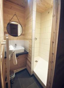 圣莫里斯堡Auberge "La Petite Auberge"的一间带水槽和淋浴的小浴室