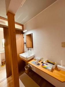 弘前市HIROSAKI清水森はうす的浴室设有水槽和带镜子的台面