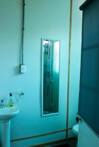 蓬塔阿雷纳斯Casa Bike的浴室配有盥洗盆和带镜子的淋浴