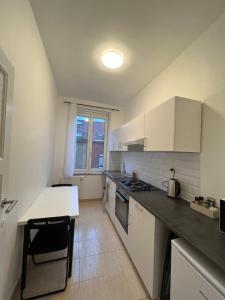 布鲁塞尔Cosy Apartment Merode 2的厨房配有白色橱柜和台面