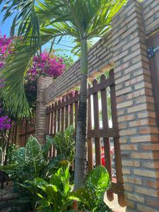 巴雷里尼亚斯Pousada Vitória do Lopes的一座建筑旁的木栅栏,上面有棕榈树