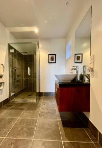 欧尼罗亚Watermark Apartments的一间带水槽和玻璃淋浴的浴室