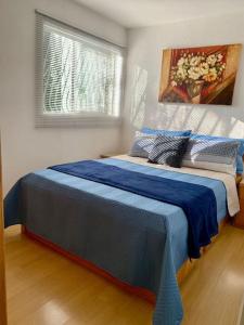 巴西利亚3 Quartos Melhor Valor do Df próximo ao Aeroporto e Plano的一间卧室配有一张带蓝色床单的床和一扇窗户。