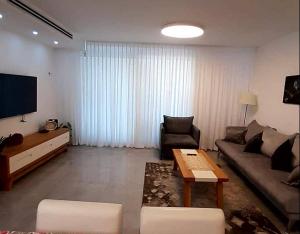 提比里亚King David breathtaking LAKE VIEW 4BDR PENTHOUSE的带沙发和电视的客厅