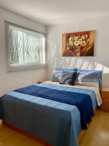 巴西利亚3 Quartos Melhor Valor do Df próximo ao Aeroporto e Plano的一间卧室配有一张带蓝色床单和绘画的床。