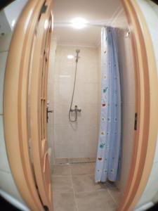 穆卡切沃Солензара的一间带蓝色淋浴帘的淋浴的浴室