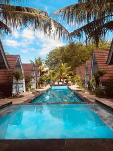 吉利阿尔Youpy Bungalows的一座种植了棕榈树和房屋的大型蓝色游泳池