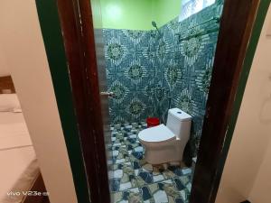 圣维森特Rabang Traveller's Inn的一间带卫生间和瓷砖墙的浴室