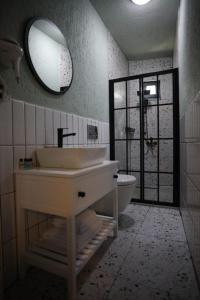 伯萨Mare House Boutique Hotel的一间带水槽、卫生间和镜子的浴室