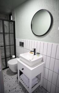 伯萨Mare House Boutique Hotel的一间带水槽、镜子和卫生间的浴室