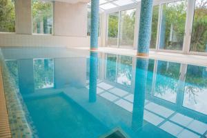 迈泽克韦什德Zsóry Liget Hotel & Spa Superior的一座建筑物内一座拥有蓝色柱子的游泳池