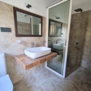 瓦都瓦Dhammika Beach Palace的带浴缸、水槽和镜子的浴室