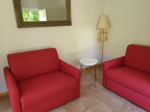 胡安莱潘Hôtel Sainte Valérie Adults Only的两个红色的椅子和一张桌子