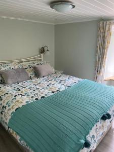 沃特福德The Old Thatch, Lemybrien的一间卧室配有一张带蓝色毯子的床