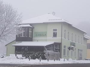 Ebersbach SachsenFerienwohnung am Crisela的前面有雪的大建筑