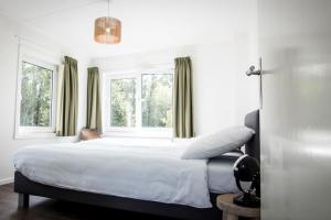 奥斯特堡Polderhuys De Veerhoek的一间卧室设有一张大床和两个窗户。