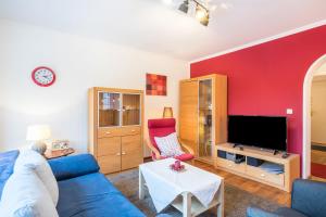 慕尼黑Haus Rose Muc City的客厅配有蓝色的沙发和电视