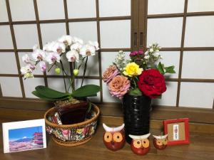 笛吹市Fukurou no Oyado - Vacation STAY 71438v的一张桌子上放着两瓶花和鲜花