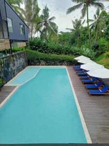 外南梦Teras Hotel Ijen Banyuwangi的房屋旁的游泳池配有椅子和遮阳伞
