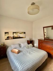 阿尔米利亚Apartamento y Parking的一间卧室配有一张带木制梳妆台和镜子的床