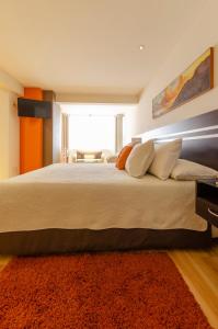 拉巴斯Hotel NC La Paz的一间卧室配有一张红色地毯的大床