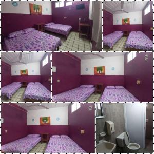 曼萨尼约阿拉亚马尔曼萨尼约酒店的两张紫色床客房的照片