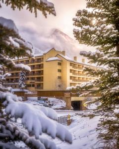 Mount Crested Butte艾勒维申温泉酒店的雪中,有雪覆盖的树木的酒店