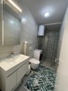 佩奇Lovely apartment in Peja Citycenter的一间带水槽、卫生间和镜子的浴室
