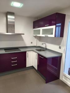 阿尔巴塞特Habitación privada en casa particular的厨房配有紫色橱柜和水槽