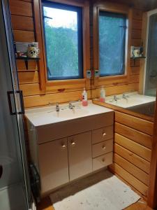 CassArthur's Pass Ecolodge的一间带两个盥洗盆和两个窗户的浴室