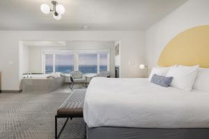林肯市Surfland Hotel的酒店客房设有一张大床和一间浴室。