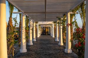 易莫洛林Cresanto Luxury Suites的建筑中带柱子和鲜花的走道