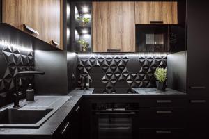 BillèreHenri IV - 2 Pièces - Parking gratuit的一间黑色的厨房,配有水槽和柜台