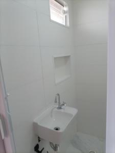纳韦甘蒂斯Pousada Cama & Café的白色的浴室设有水槽和窗户。