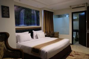 马卡萨菲尼西旅行者酒店的一间卧室设有一张大床和大窗户