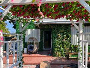 迈阿密Art Gardens Wynwood concept的庭院上带鲜花和椅子的白色凉亭