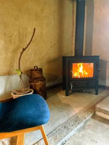 淡路淡路島 サササウナ的客厅配有炉灶和蓝椅