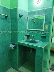 巴卡拉尔Casa Bonzay的绿色浴室设有水槽和镜子