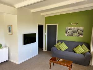 皮克顿Sounds Good - Waikawa Holiday Home and Berth的客厅设有灰色的沙发和绿色的墙壁