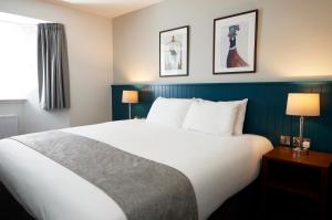 利文-法夫加里酒店的酒店客房设有一张大床和两盏灯。
