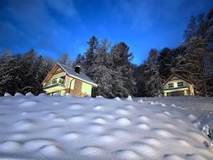 别尔斯克-比亚拉LUXURY OAK VILLAS的一座有两座房子的雪覆盖的院子
