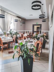 格涅夫Hotel Na Wzgórzu的一间设有桌椅和盆栽的餐厅