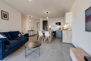 安锡Le Paradis - Beautiful T2 ideally located with garage的一间带蓝色沙发的客厅和一间厨房