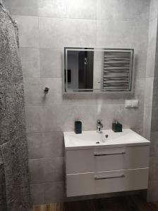 弗罗茨瓦夫Noclegi Budomas Klima-ParkigFree-SmartTv的浴室设有白色水槽和镜子