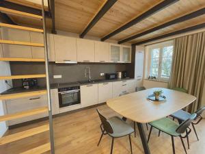 格门德蒂格斯Gmunder Premium Dachgeschoss-Apartments的一间厨房,里面配有桌椅